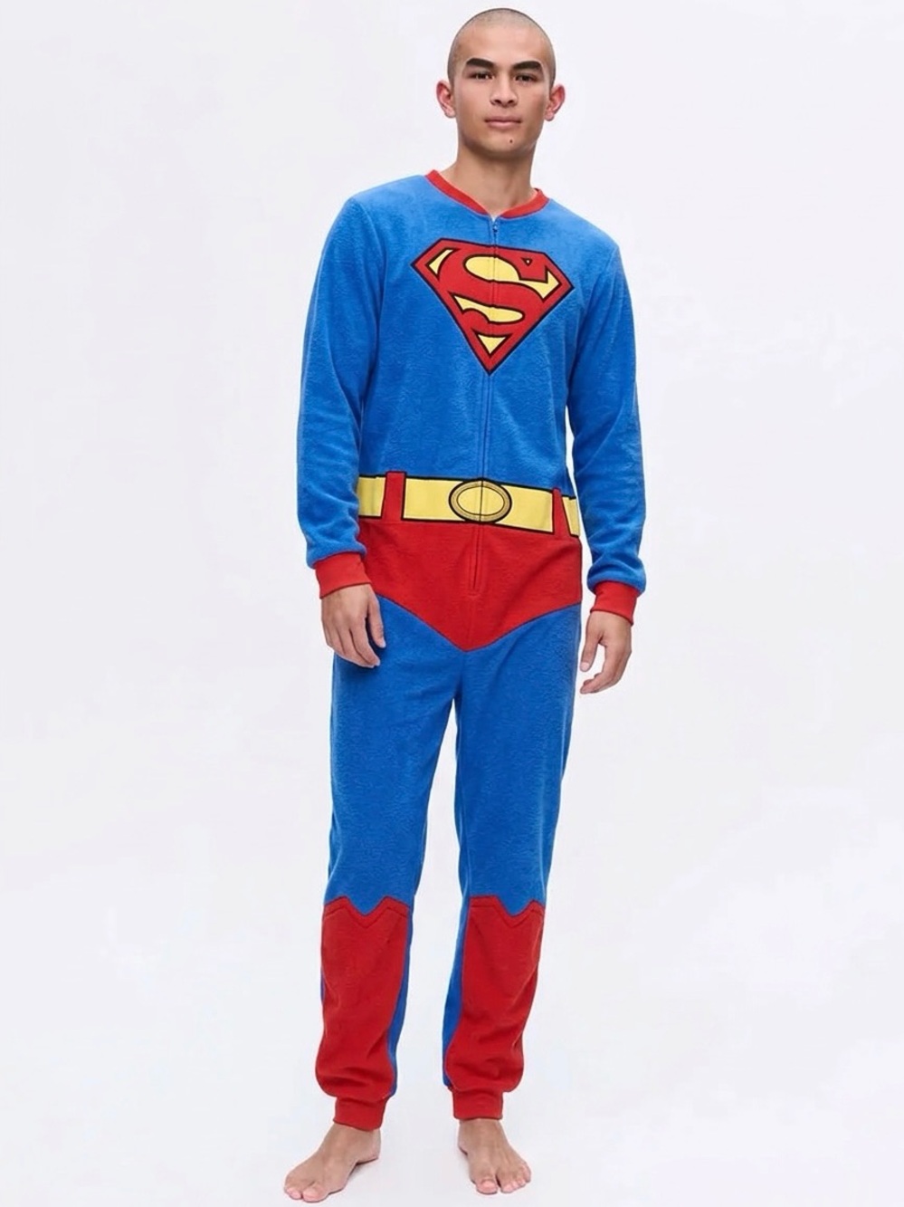 DC COMICS Superman Mens M Fleece Onesie Blue Halloween Costume Pajamas Lounge